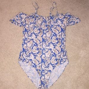 Off the Shoulder Paisley One Piece Swimsuit